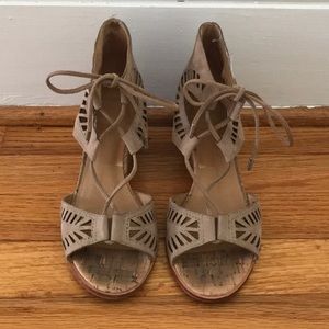 Laser cutout suede taupe wedge sandals